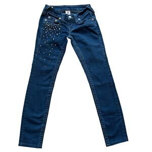 True Religion Stella Jeans Size 24‎ Blue Denim Skinny Low Rise Dark Wash Studded